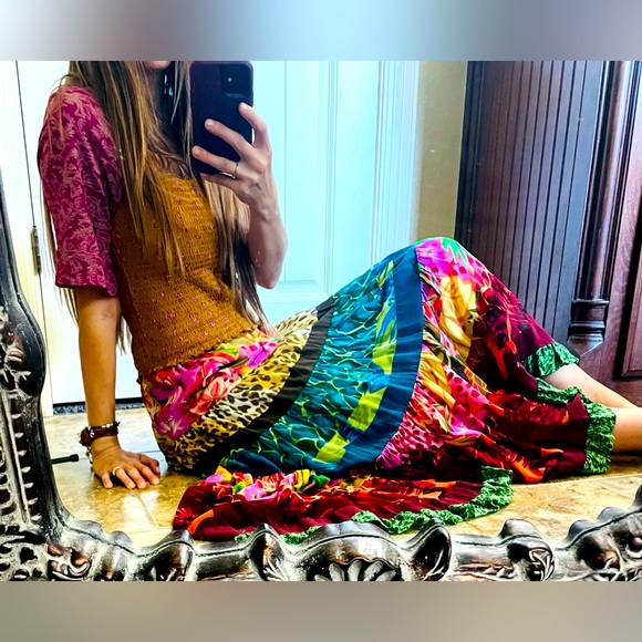 Free People 100% silk multi print leopard flowers maxi skirt S